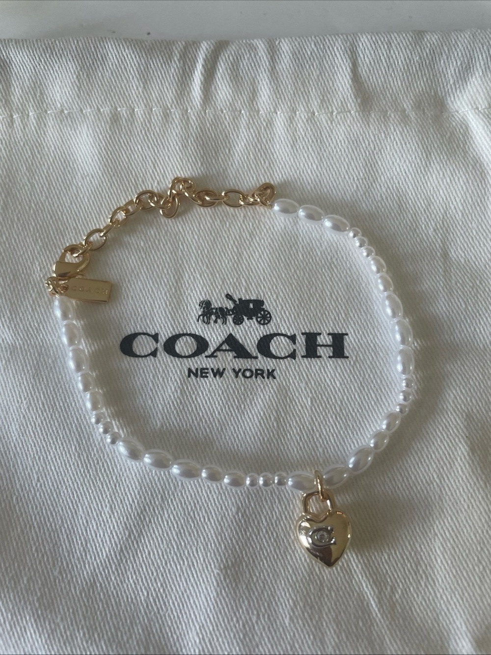 Coach Gold-Tone Heart Charm Pearl Bracelet - White & Gold